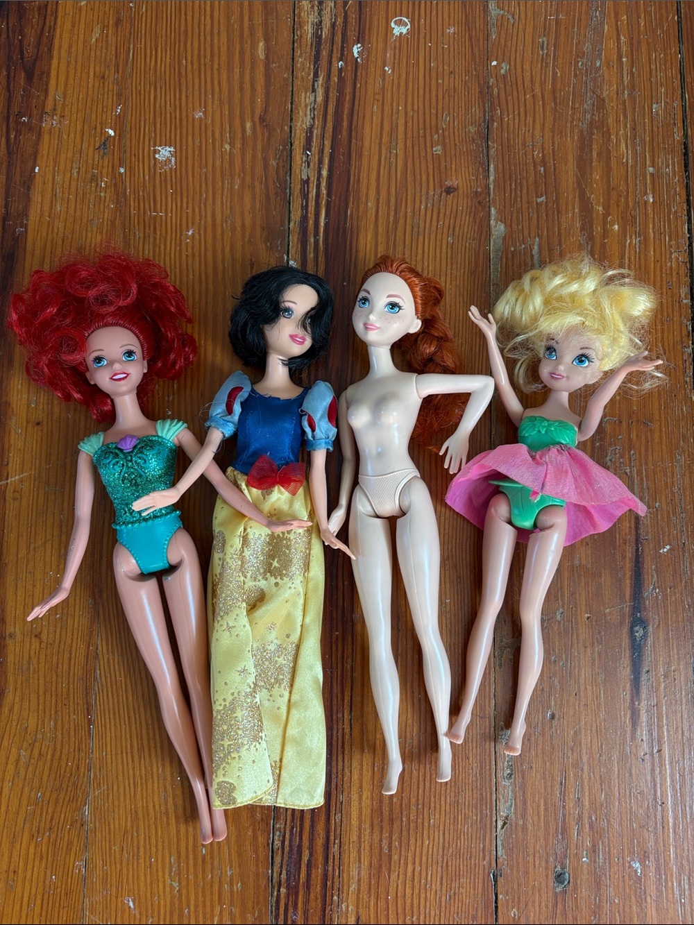 Lot of Disney Princess Barbie Dolls 4 Snow White, Tinkerbell, Ariel, Merida Y2K